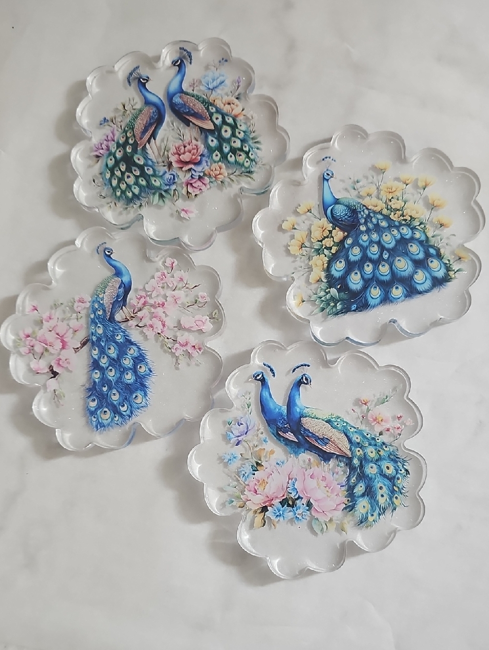 Hand Crafted Blue Peacock Floral Glass Coasters - Set of 4
